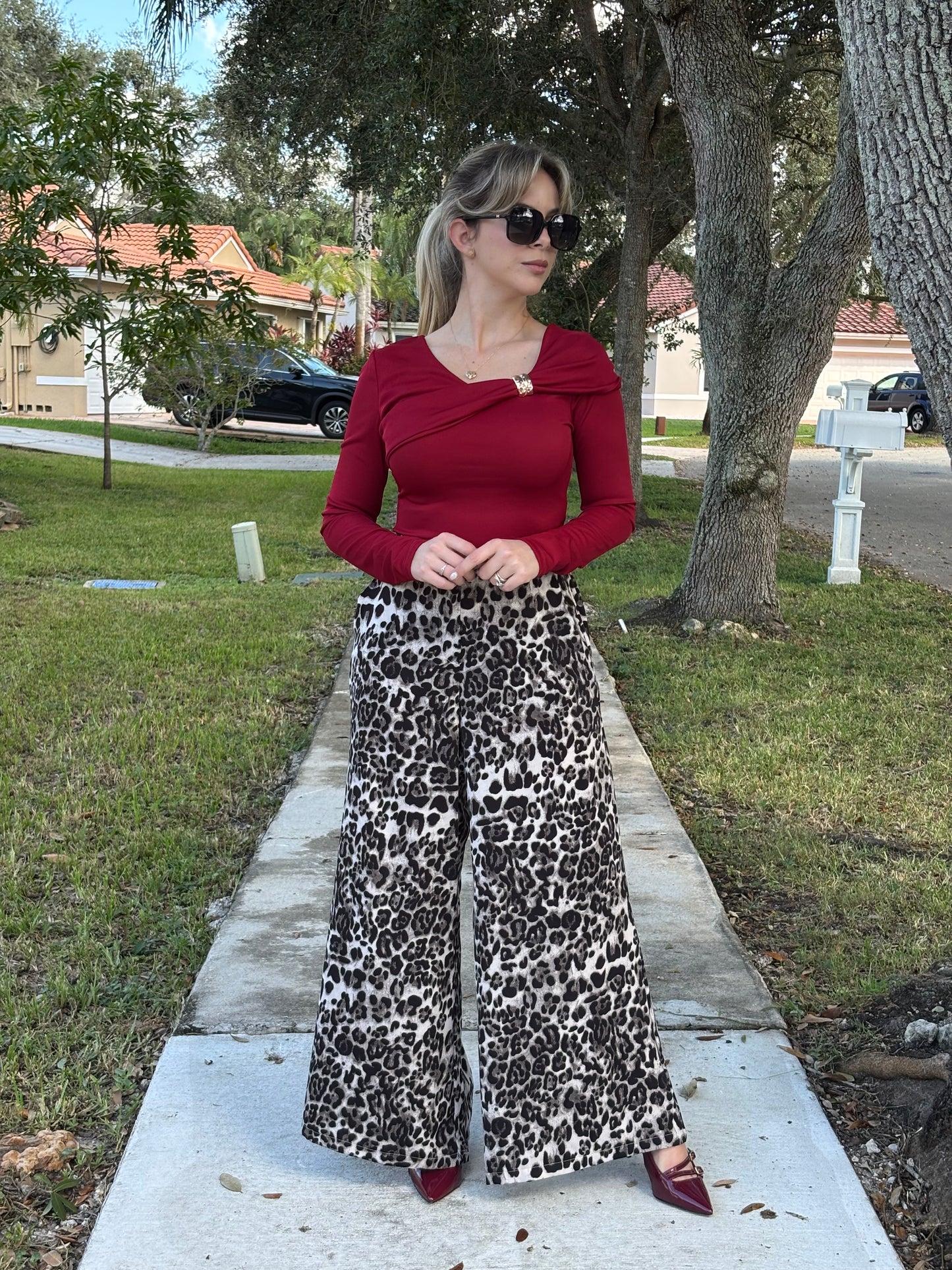 Animal print wide leg pants