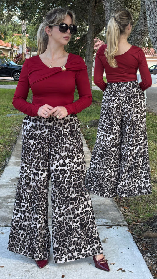 Animal print wide leg pants